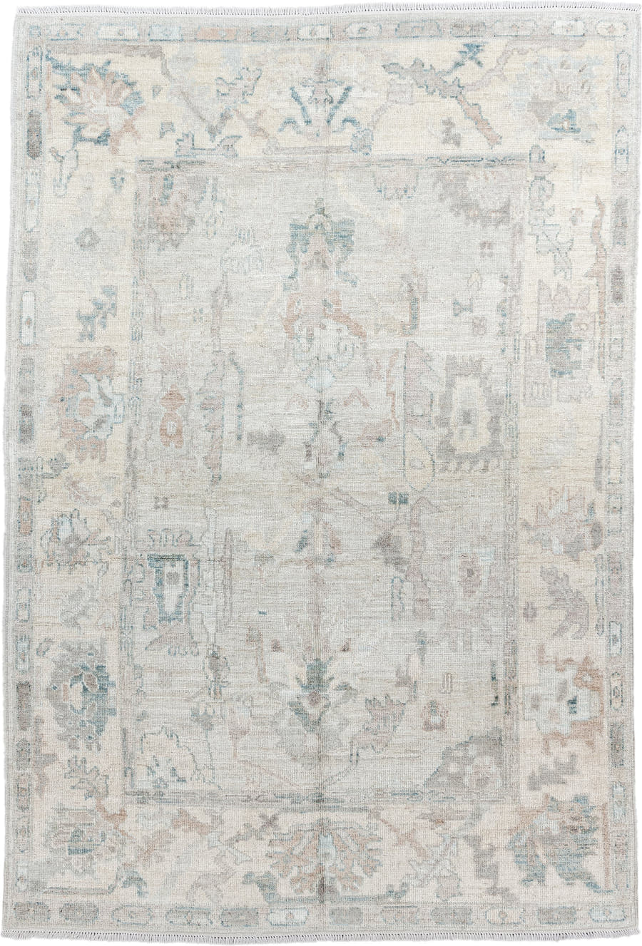 5' x 8' one-of-a-kind handmade vintage Oushak medium size rug. Color palette: ivory, pale blue, taupe, blush, light gray