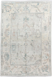 5' x 8' one-of-a-kind handmade vintage Oushak medium size rug. Color palette: ivory, pale blue, taupe, blush, light gray