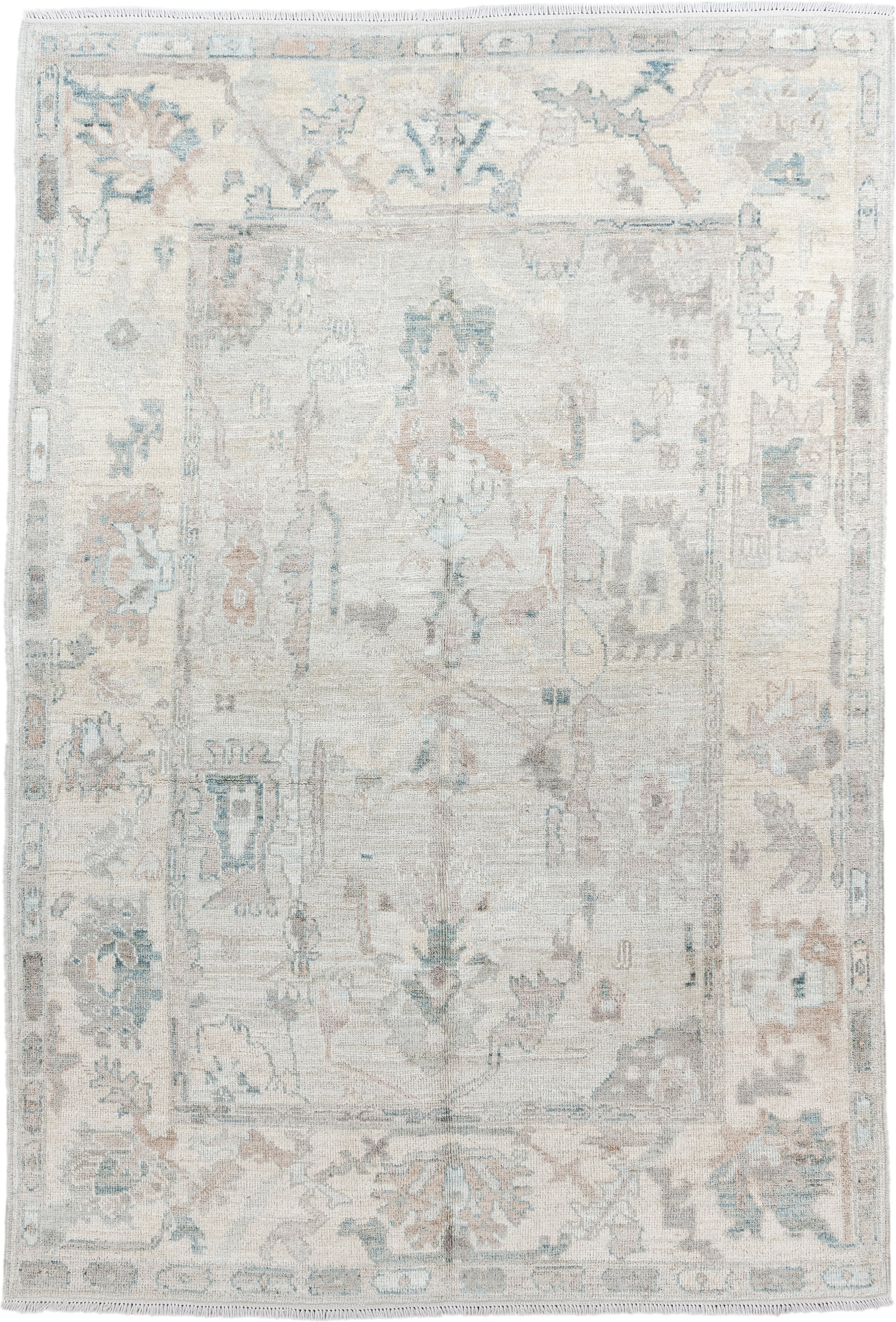 5' x 8' one-of-a-kind handmade vintage Oushak medium size rug. Color palette: ivory, pale blue, taupe, blush, light gray
