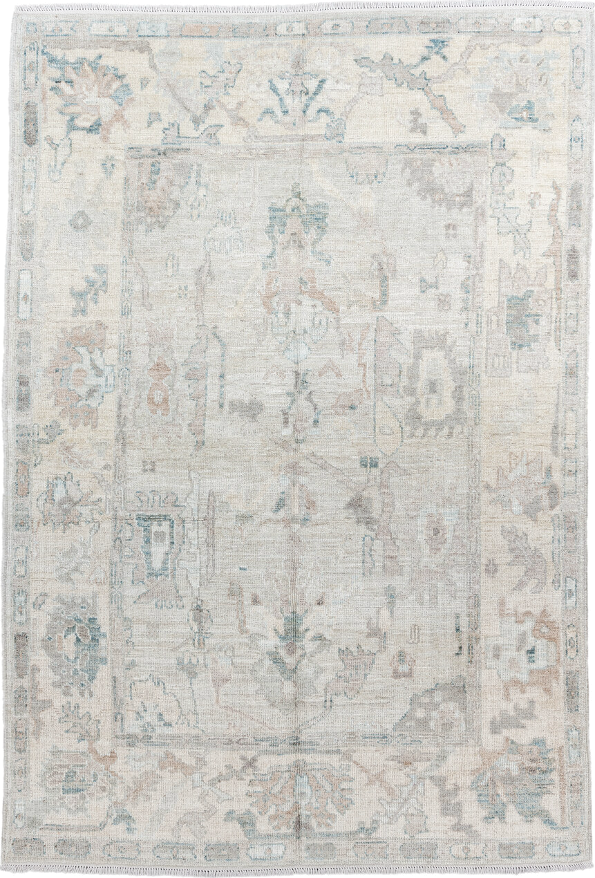 5' x 8' one-of-a-kind handmade vintage Oushak medium size rug. Color palette: dark gray, gainsboro, gray, light gray, linen