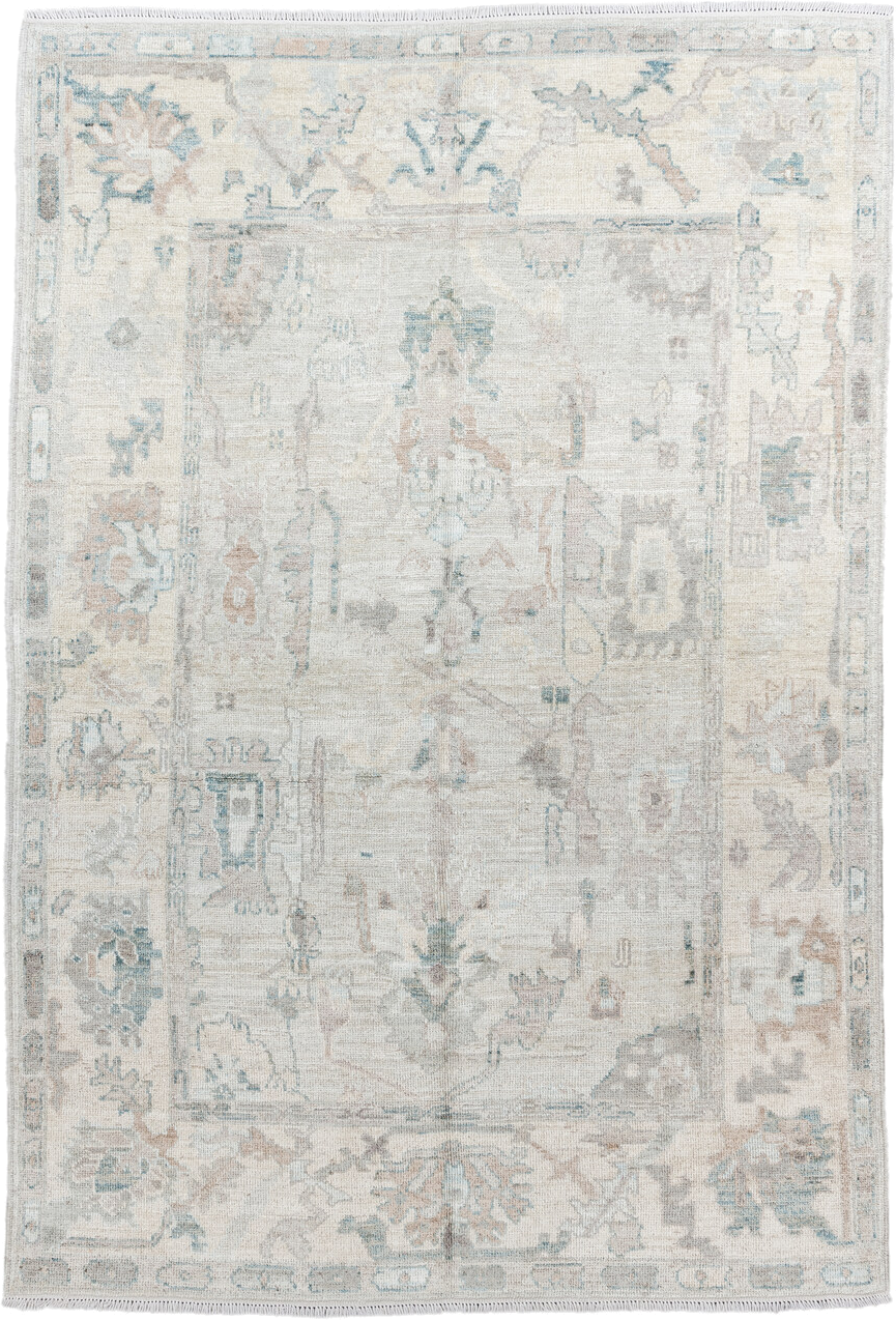 5' x 8' one-of-a-kind handmade vintage Oushak medium size rug. Color palette: ivory, pale blue, taupe, blush, light gray