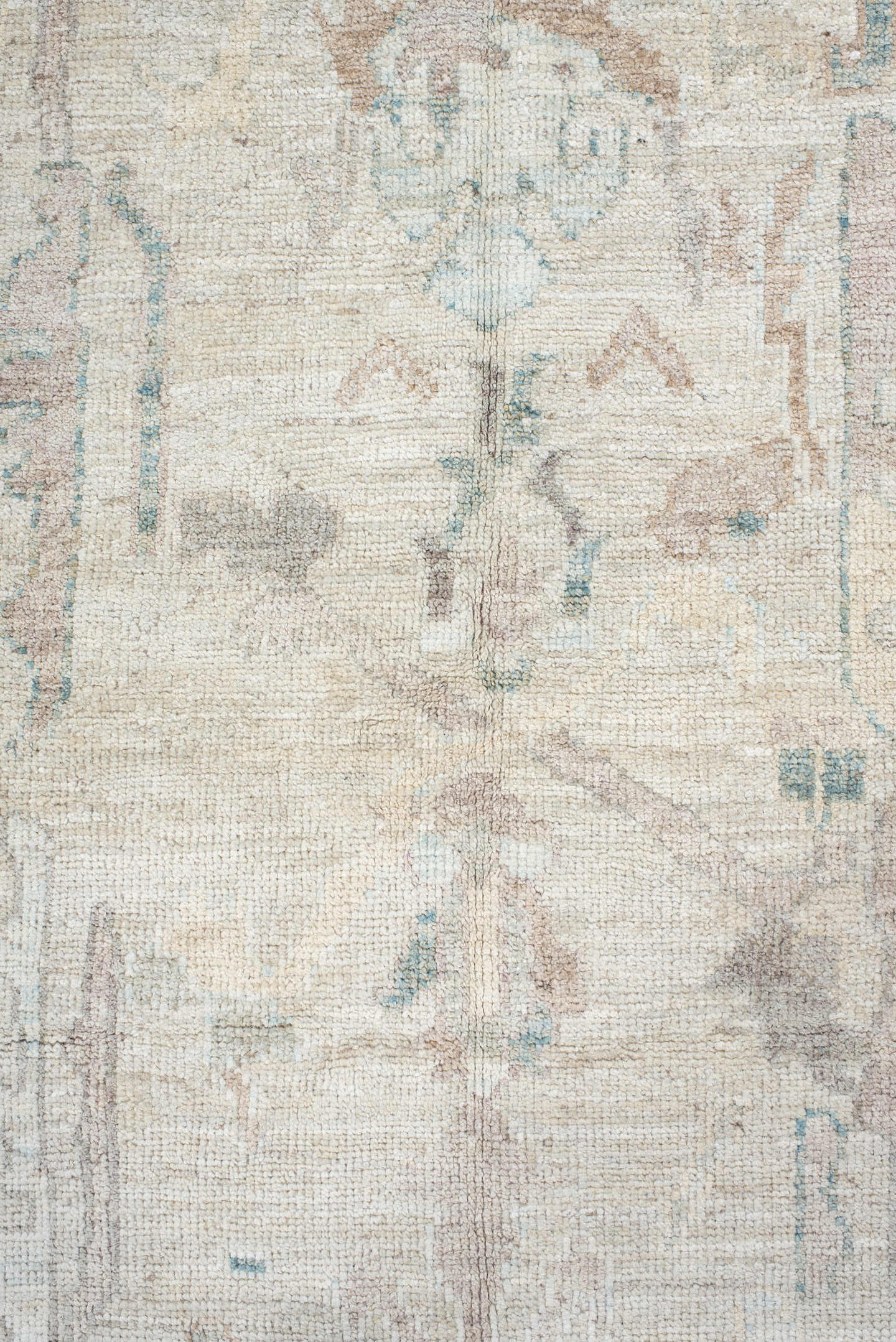 5' x 8' one-of-a-kind handmade vintage Oushak medium size rug. Color palette: ivory, pale blue, taupe, blush, light gray