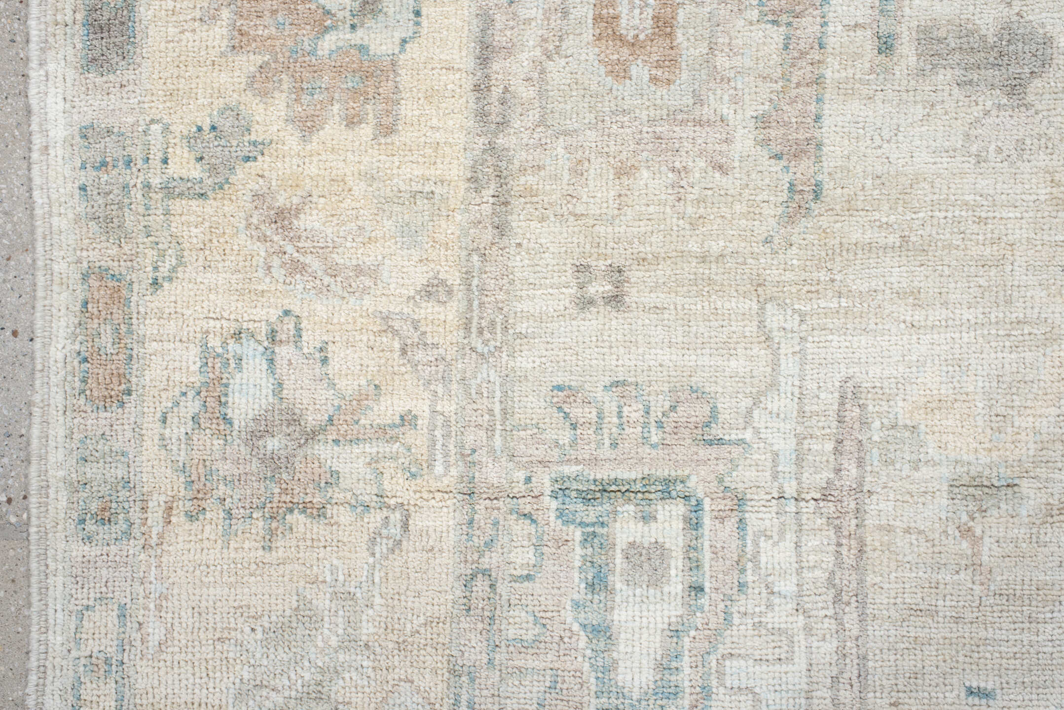 5' x 8' one-of-a-kind handmade vintage Oushak medium size rug. Color palette: ivory, pale blue, taupe, blush, light gray