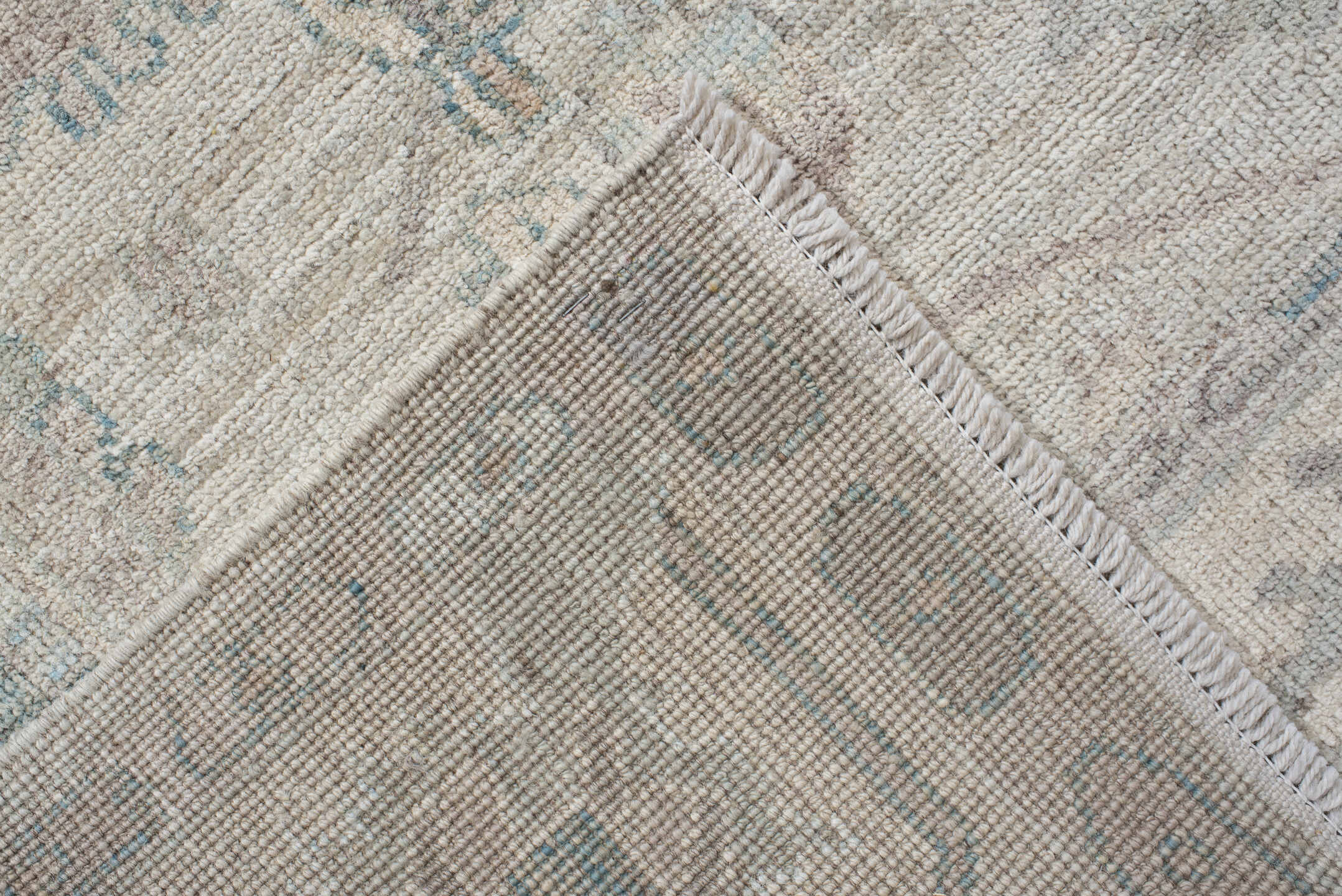5' x 8' one-of-a-kind handmade vintage Oushak medium size rug. Color palette: ivory, pale blue, taupe, blush, light gray