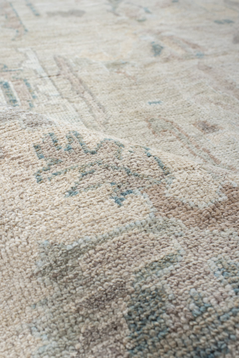 5' x 8' one-of-a-kind handmade vintage Oushak medium size rug. Color palette: ivory, pale blue, taupe, blush, light gray