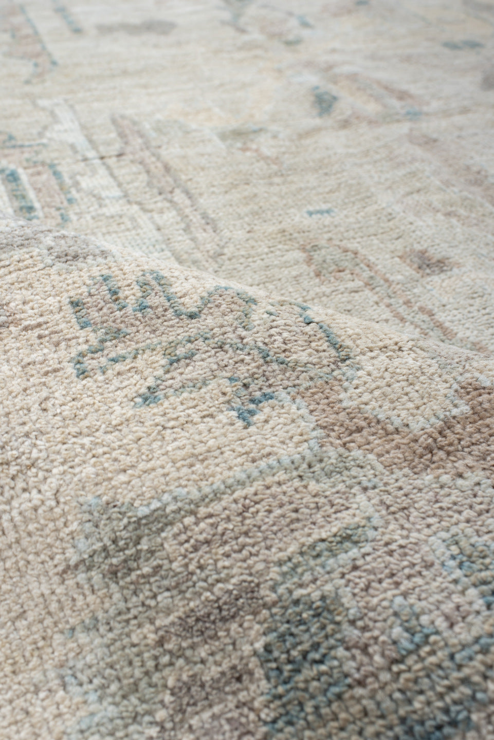 5' x 8' one-of-a-kind handmade vintage Oushak medium size rug. Color palette: ivory, pale blue, taupe, blush, light gray