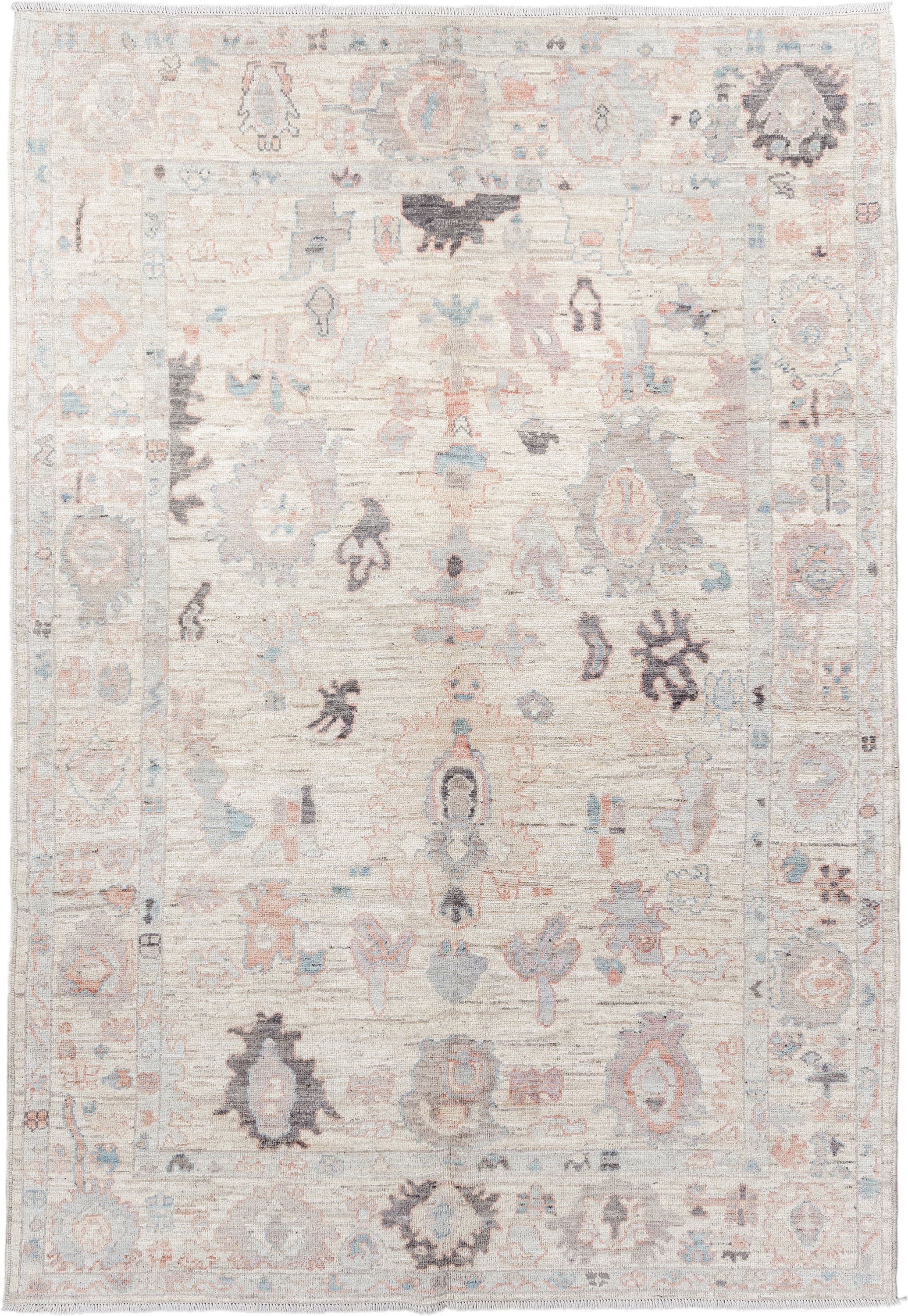 6' x 8' one-of-a-kind handmade vintage Oushak medium size rug. Color palette: ivory, cream, taupe, pale blue, blush