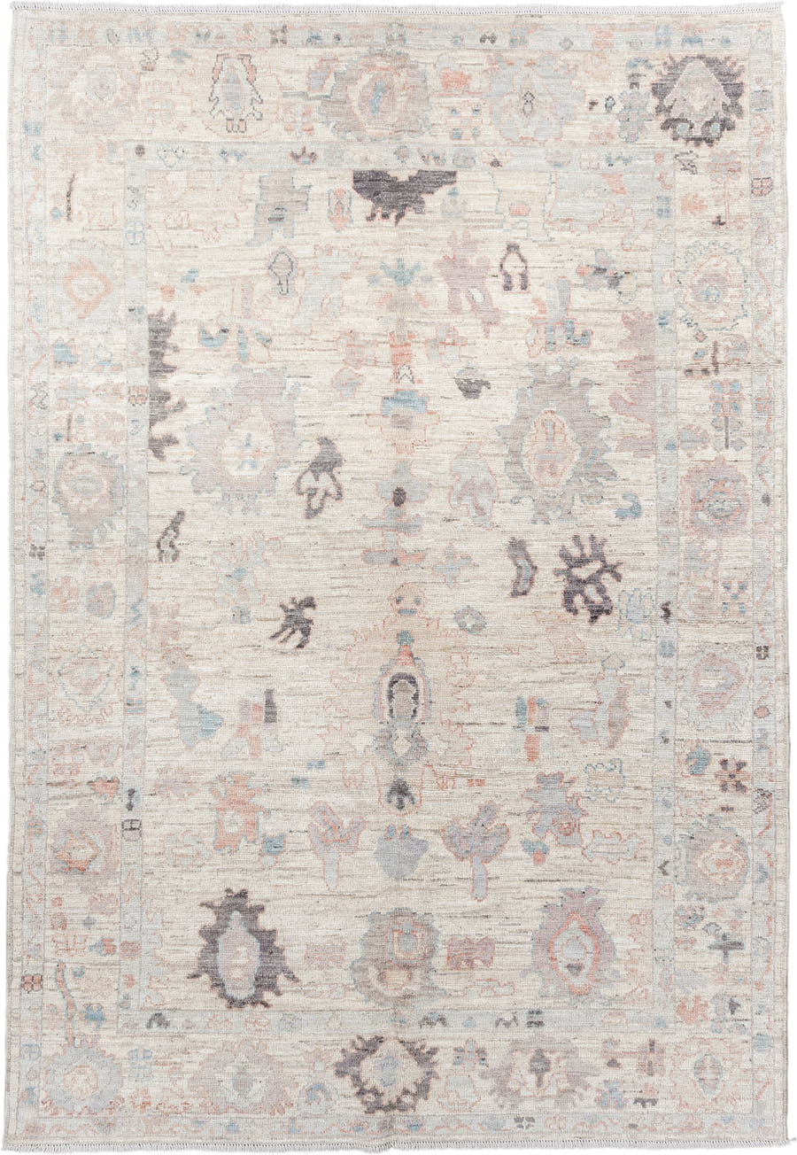 6' x 8' one-of-a-kind handmade vintage Oushak medium size rug. Color palette: ivory, cream, taupe, pale blue, blush