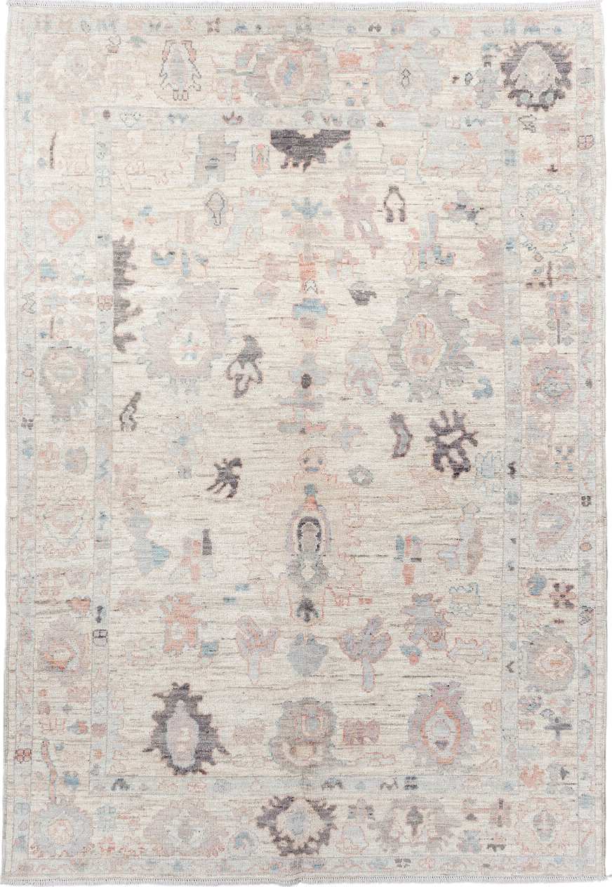 6' x 8' one-of-a-kind handmade vintage Oushak medium size rug. Color palette: ivory, cream, taupe, pale blue, blush
