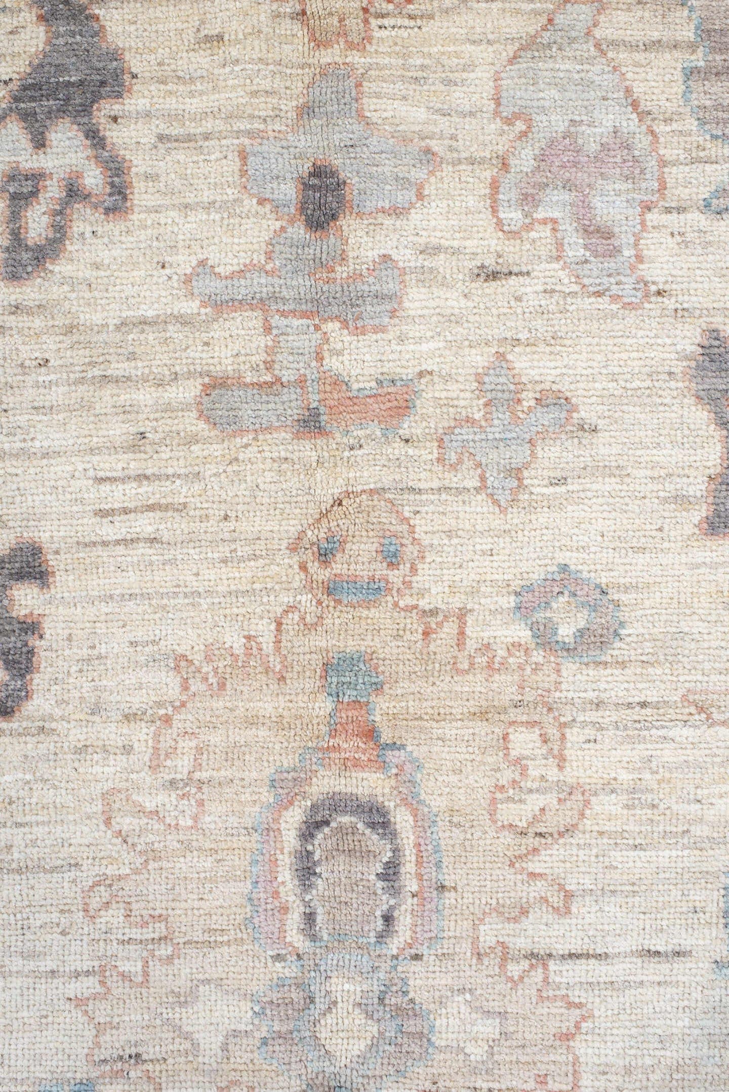 6' x 8' one-of-a-kind handmade vintage Oushak medium size rug. Color palette: ivory, cream, taupe, pale blue, blush