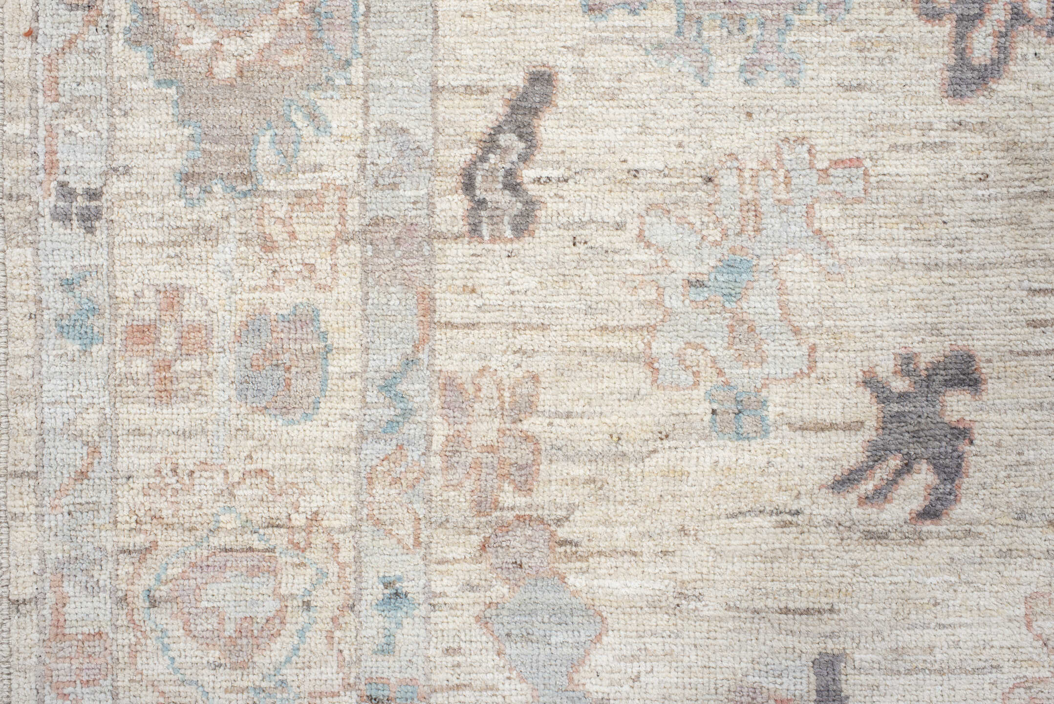 6' x 8' one-of-a-kind handmade vintage Oushak medium size rug. Color palette: ivory, cream, taupe, pale blue, blush