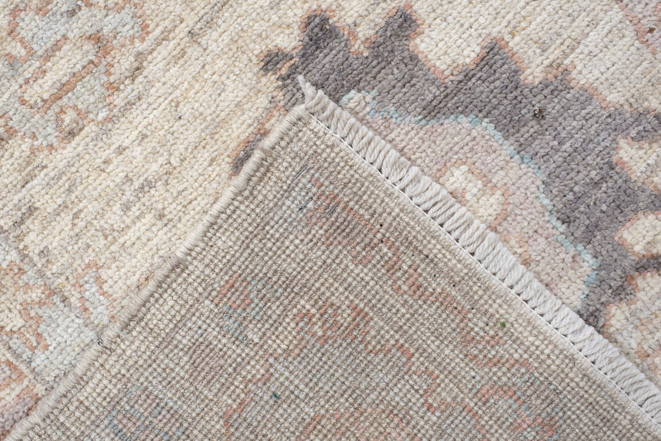 6' x 8' one-of-a-kind handmade vintage Oushak medium size rug. Color palette: ivory, cream, taupe, pale blue, blush