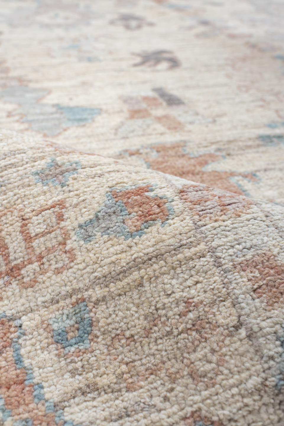 6' x 8' one-of-a-kind handmade vintage Oushak medium size rug. Color palette: ivory, cream, taupe, pale blue, blush