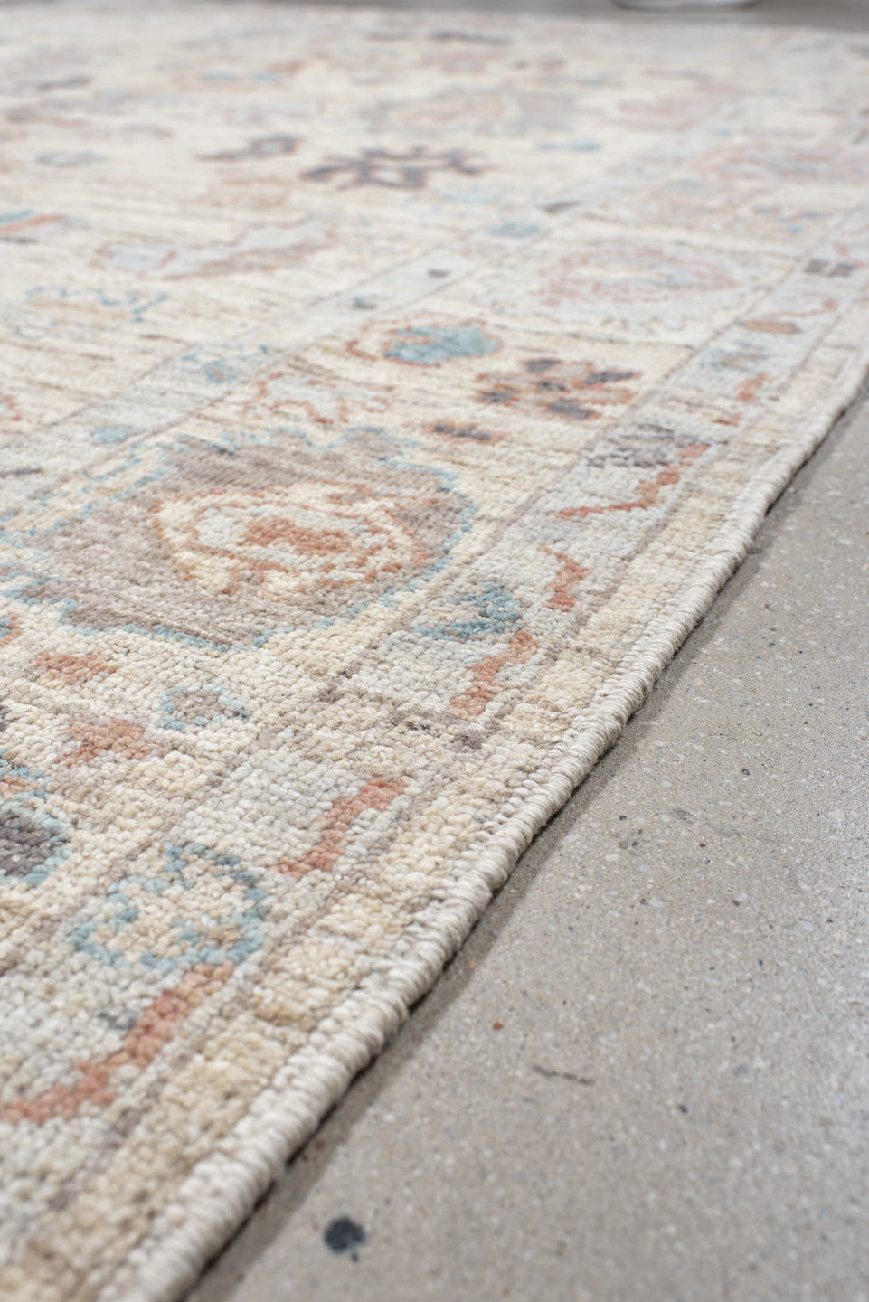 6' x 8' one-of-a-kind handmade vintage Oushak medium size rug. Color palette: ivory, cream, taupe, pale blue, blush