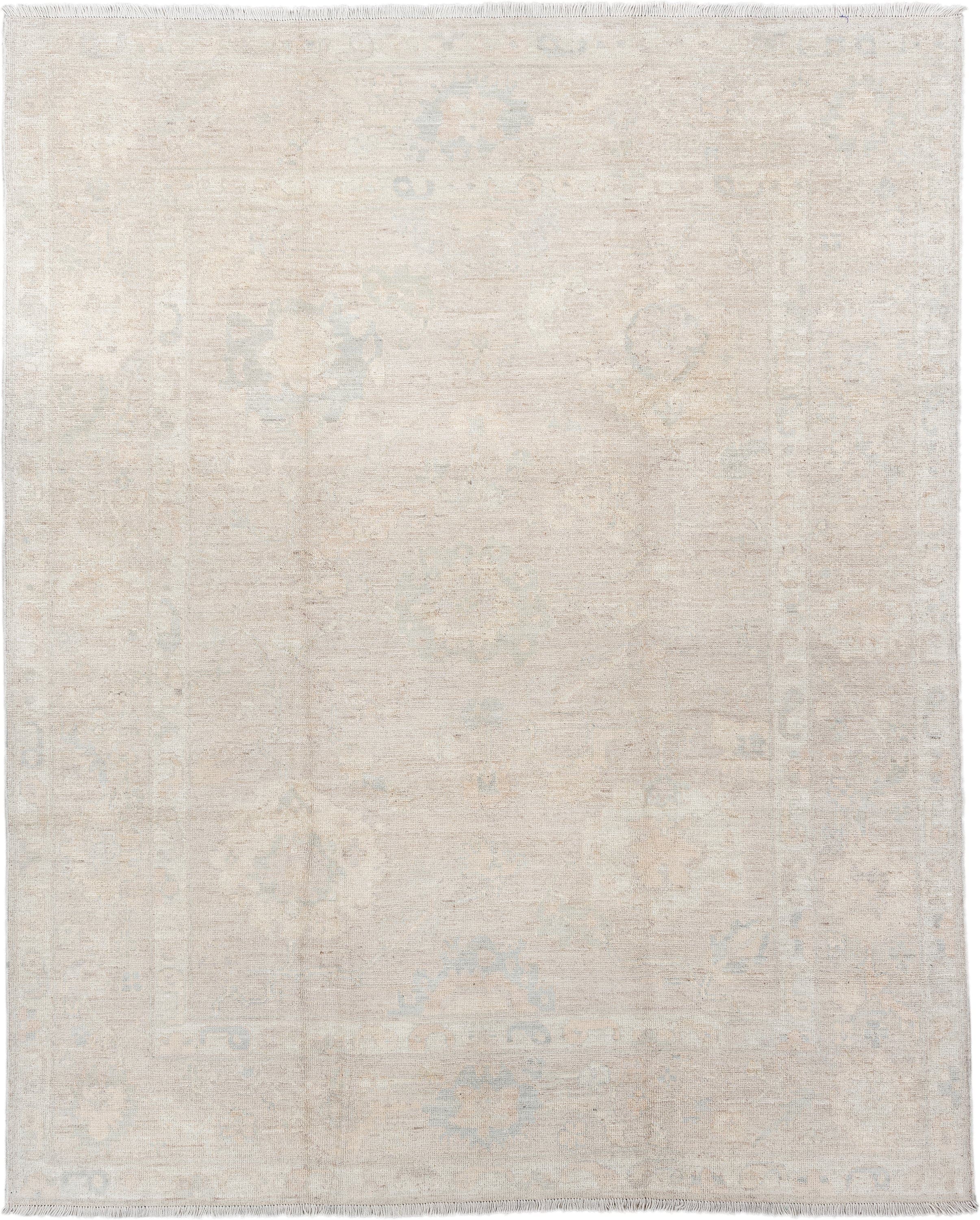 8' x 10' one-of-a-kind handmade vintage Oushak large size rug. Color palette: ivory, cream, pale blue, beige, taupe