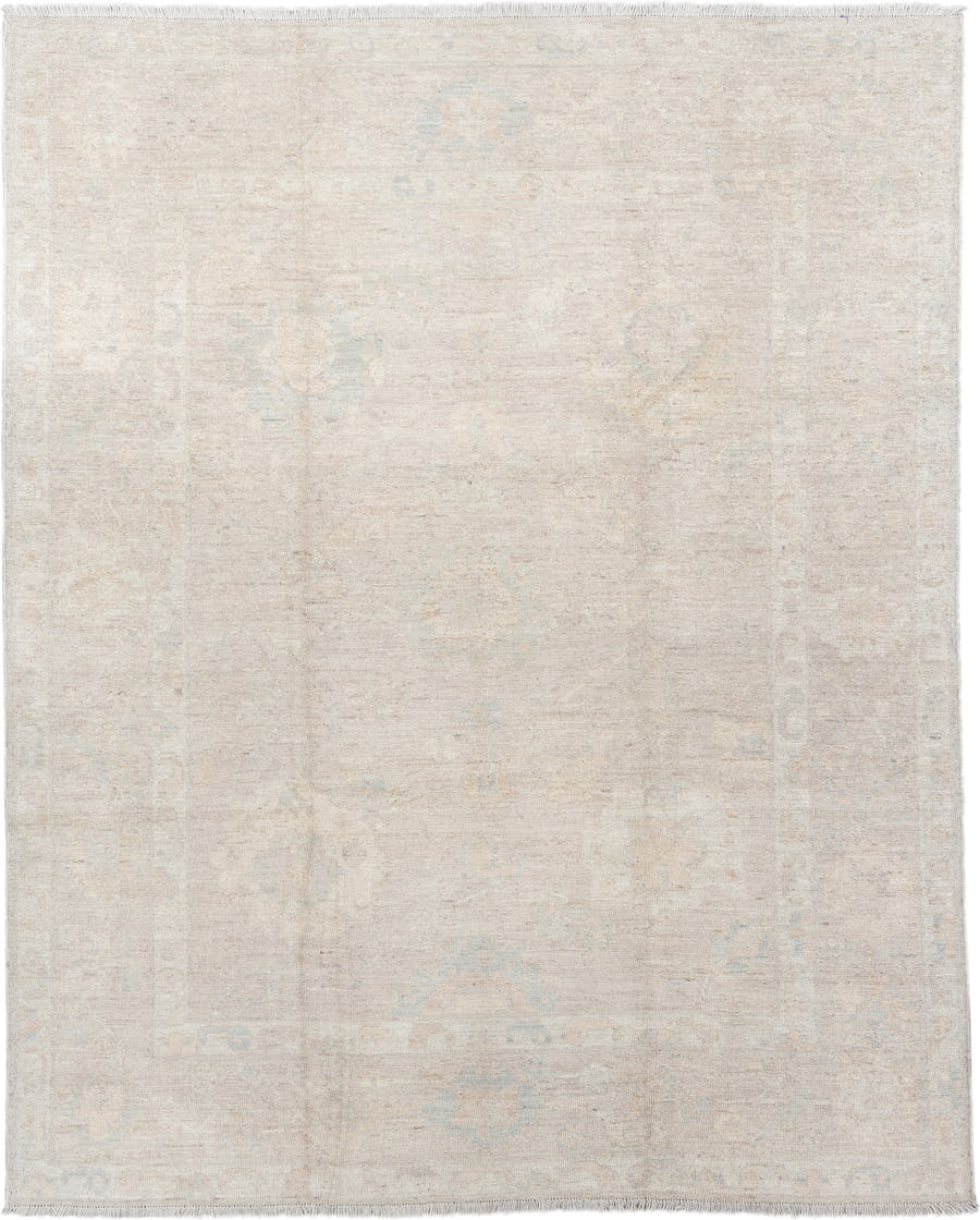 8' x 10' one-of-a-kind handmade vintage Oushak large size rug. Color palette: ivory, cream, pale blue, beige, taupe