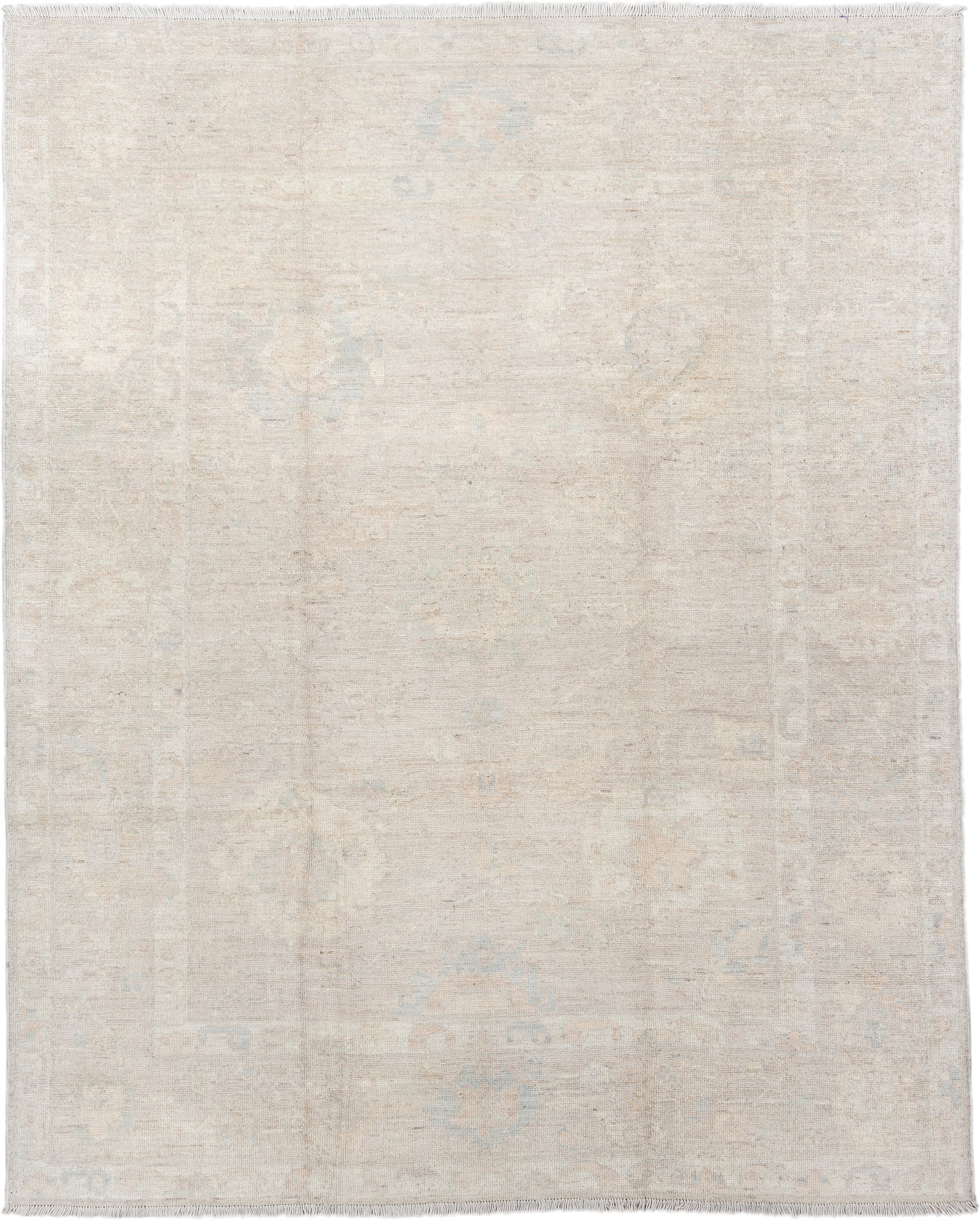 8' x 10' one-of-a-kind handmade vintage Oushak large size rug. Color palette: ivory, cream, pale blue, beige, taupe
