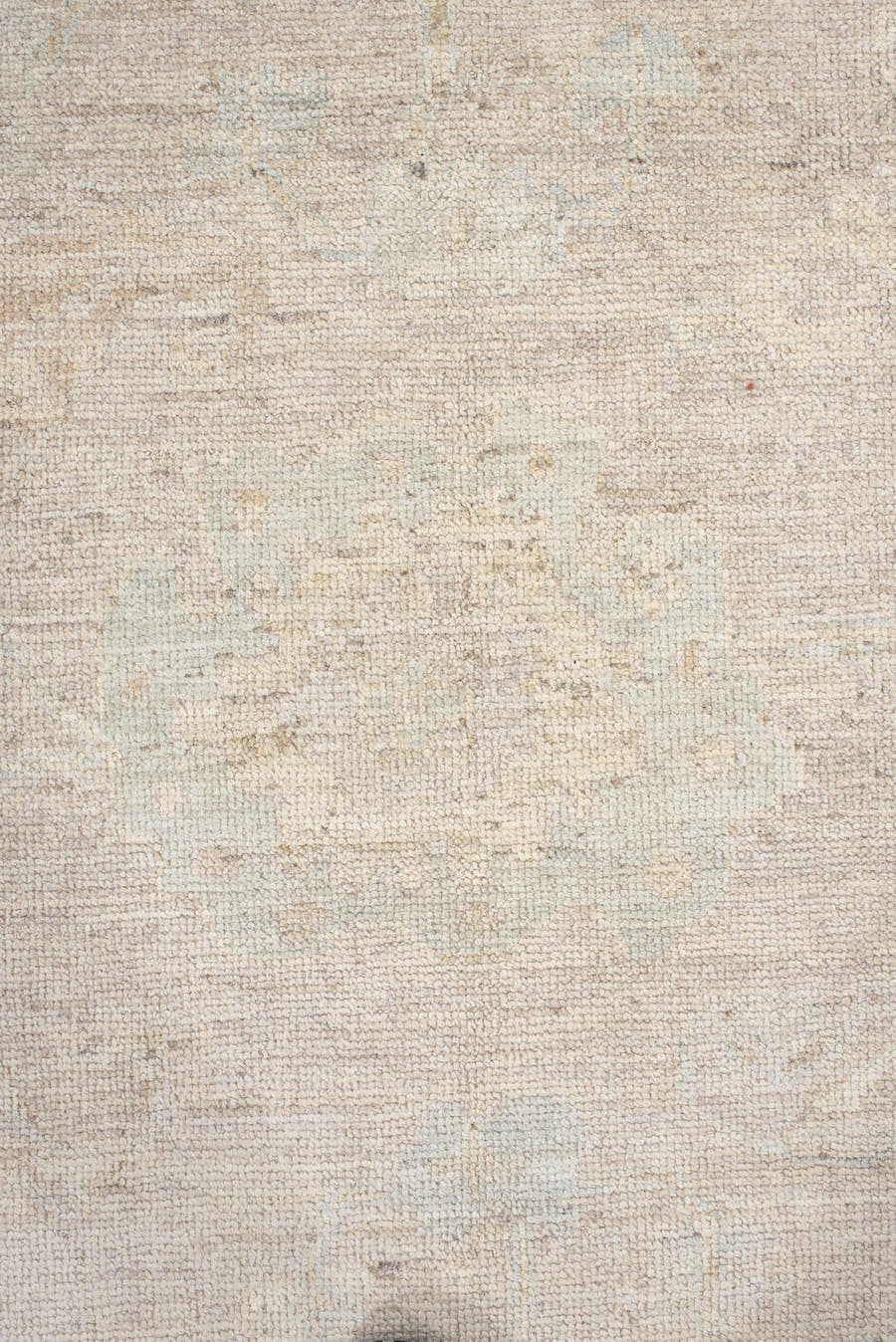 8' x 10' one-of-a-kind handmade vintage Oushak large size rug. Color palette: ivory, cream, pale blue, beige, taupe