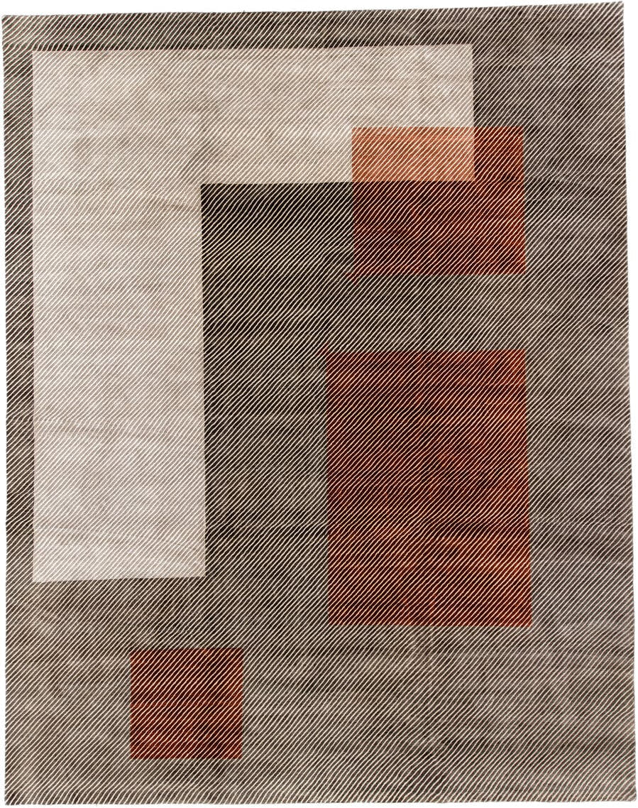 10' x 14' one-of-a-kind handmade vintage Tibetan large size rug. Color palette: taupe, ivory, charcoal, rust, terra cotta