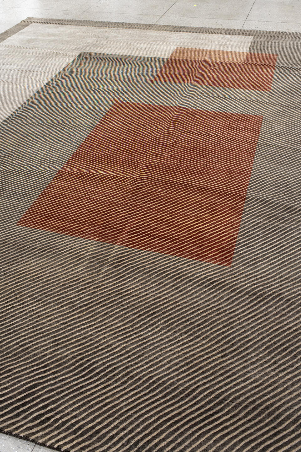 10' x 14' one-of-a-kind handmade vintage Tibetan large size rug. Color palette: taupe, ivory, charcoal, rust, terra cotta