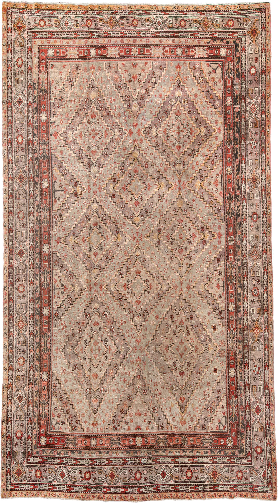 8' x 16' one-of-a-kind handmade vintage  rug. Color palette: ivory, taupe, rust, coral, charcoal, camel, sienna, beige, gray
