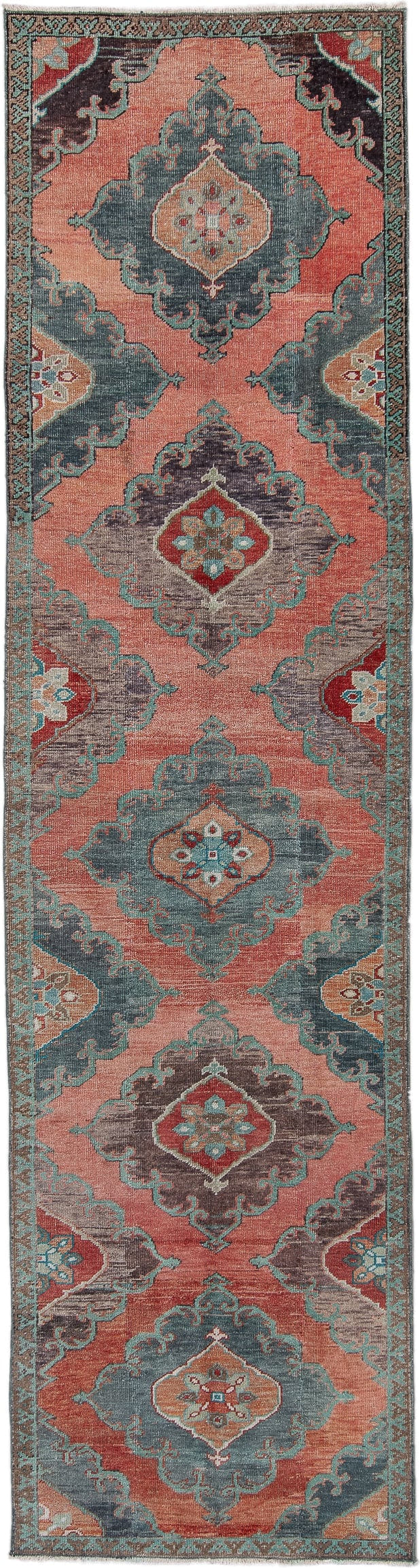 3' x 11' one-of-a-kind handmade antique Oushak runner rug. Color palette: coral, teal, slate, ivory, burgundy, taupe, rust