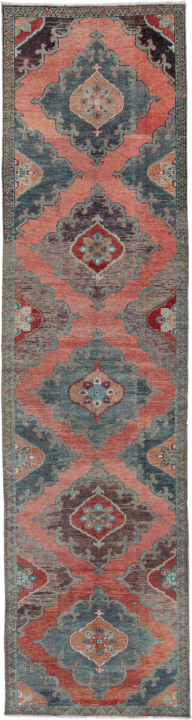 3' x 11' one-of-a-kind handmade antique Oushak runner rug. Color palette: coral, teal, slate, ivory, burgundy, taupe, rust