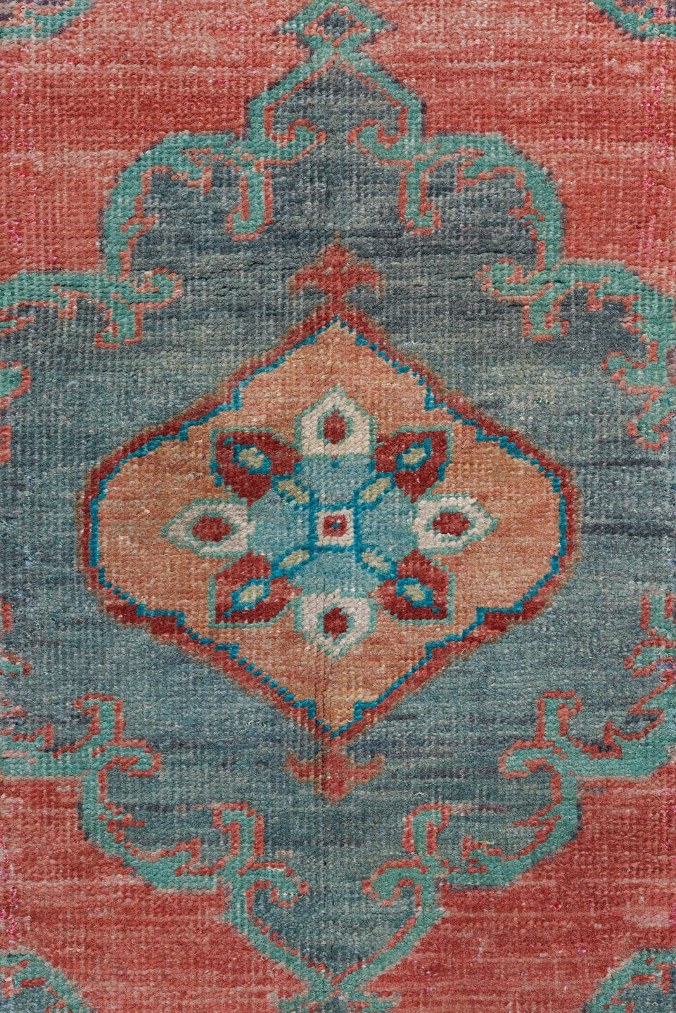 3' x 11' one-of-a-kind handmade antique Oushak runner rug. Color palette: coral, teal, slate, ivory, burgundy, taupe, rust