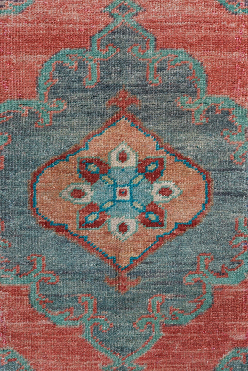3' x 11' one-of-a-kind handmade antique Oushak runner rug. Color palette: coral, teal, slate, ivory, burgundy, taupe, rust