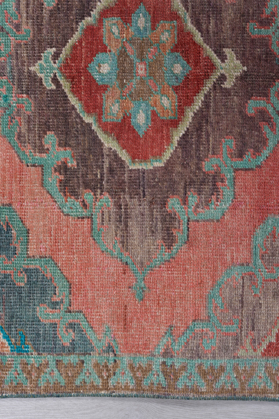 3' x 11' one-of-a-kind handmade antique Oushak runner rug. Color palette: coral, teal, slate, ivory, burgundy, taupe, rust