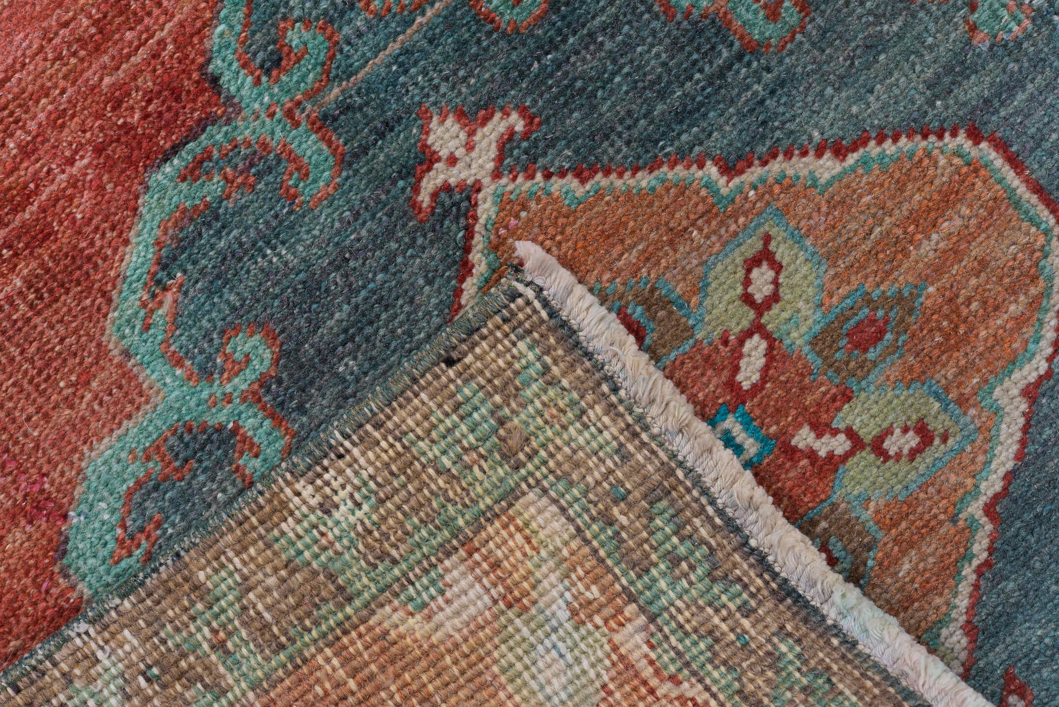 3' x 11' one-of-a-kind handmade antique Oushak runner rug. Color palette: coral, teal, slate, ivory, burgundy, taupe, rust