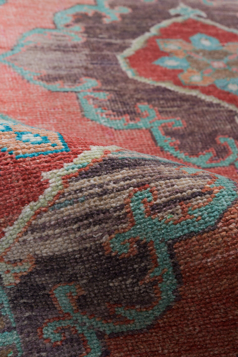 3' x 11' one-of-a-kind handmade antique Oushak runner rug. Color palette: coral, teal, slate, ivory, burgundy, taupe, rust
