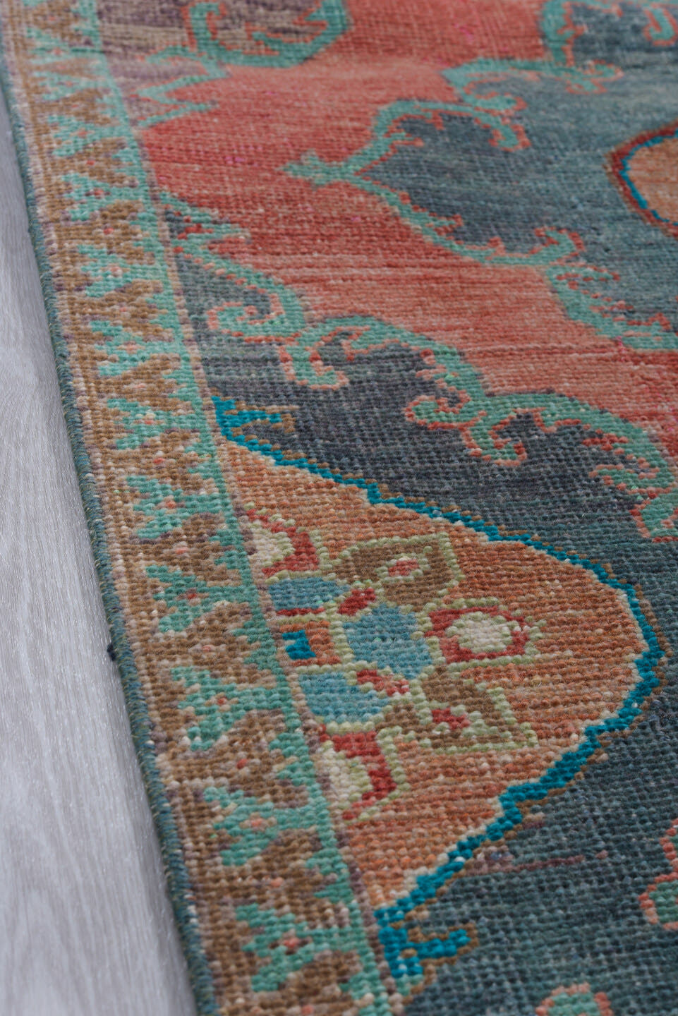 3' x 11' one-of-a-kind handmade antique Oushak runner rug. Color palette: coral, teal, slate, ivory, burgundy, taupe, rust