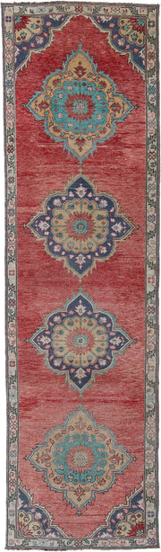 3' x 11' one-of-a-kind handmade antique Oushak runner rug. Color palette: rose, ivory, navy, turquoise, beige, coral, sage