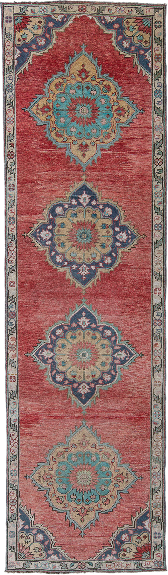 3' x 11' one-of-a-kind handmade antique Oushak runner rug. Color palette: rose, ivory, navy, turquoise, beige, coral, sage