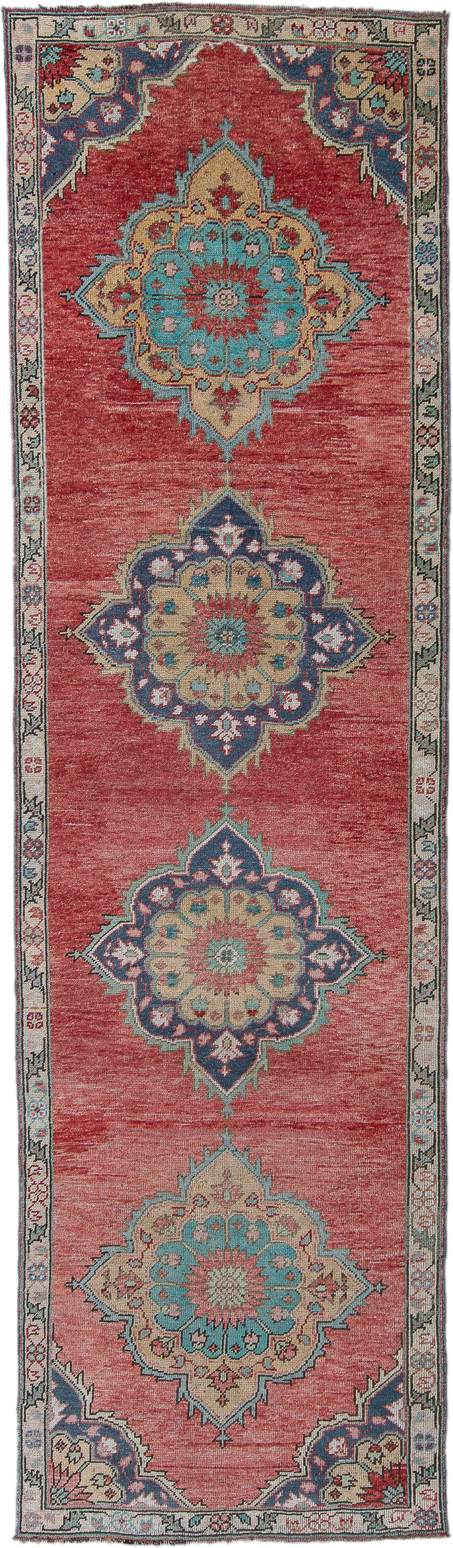 3' x 11' one-of-a-kind handmade antique Oushak runner rug. Color palette: rose, ivory, navy, turquoise, beige, coral, sage