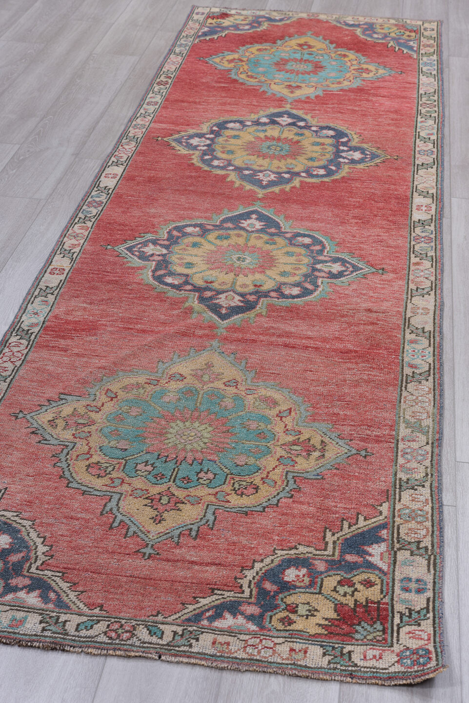 3' x 11' one-of-a-kind handmade vintage Oushak runner rug. Color palette: blue, brown, gray, green, light gray, off-white