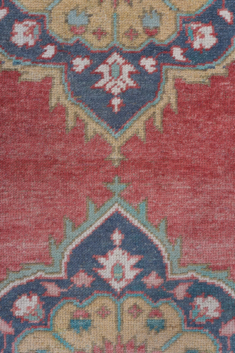 3' x 11' one-of-a-kind handmade antique Oushak runner rug. Color palette: rose, ivory, navy, turquoise, beige, coral, sage