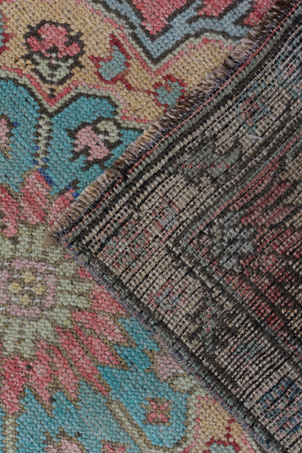 3' x 11' one-of-a-kind handmade antique Oushak runner rug. Color palette: rose, ivory, navy, turquoise, beige, coral, sage