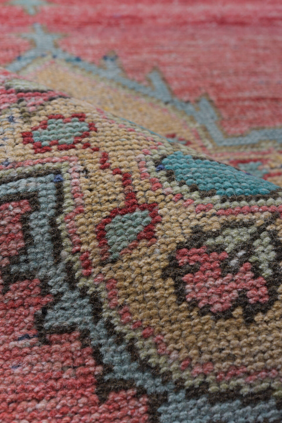 3' x 11' one-of-a-kind handmade antique Oushak runner rug. Color palette: rose, ivory, navy, turquoise, beige, coral, sage