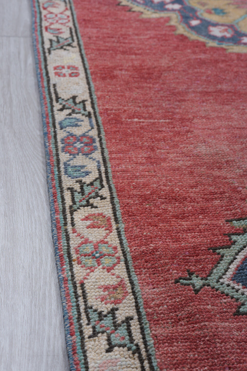3' x 11' one-of-a-kind handmade antique Oushak runner rug. Color palette: rose, ivory, navy, turquoise, beige, coral, sage