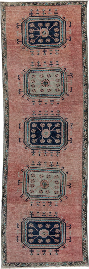 3' x 9' one-of-a-kind handmade antique Oushak runner rug. Color palette: rose, navy, ivory, aqua, taupe, charcoal, pink, red