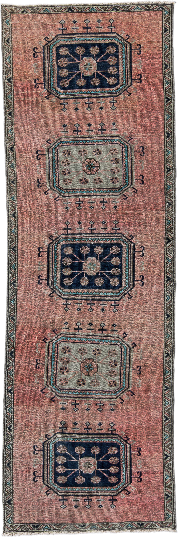 3' x 9' one-of-a-kind handmade antique Oushak runner rug. Color palette: rose, navy, ivory, aqua, taupe, charcoal, pink, red