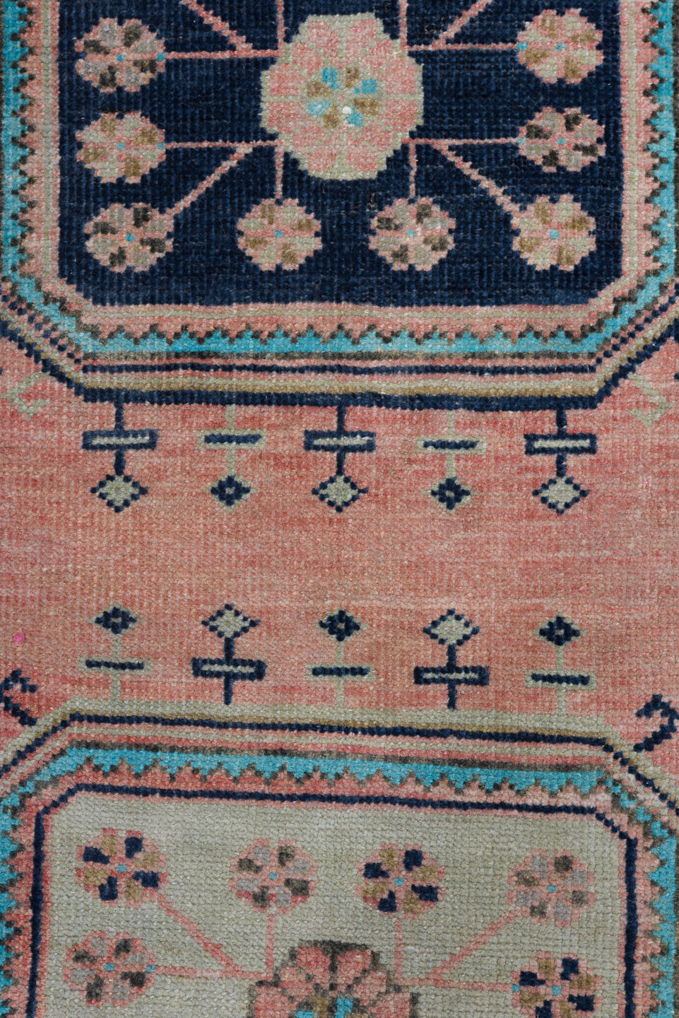 3' x 9' one-of-a-kind handmade antique Oushak runner rug. Color palette: rose, navy, ivory, aqua, taupe, charcoal, pink, red