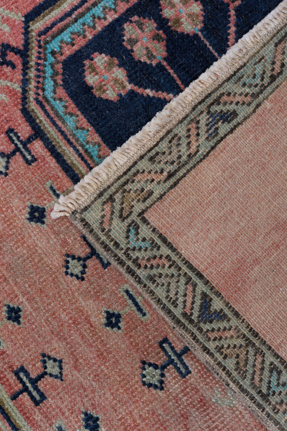 3' x 9' one-of-a-kind handmade antique Oushak runner rug. Color palette: rose, navy, ivory, aqua, taupe, charcoal, pink, red