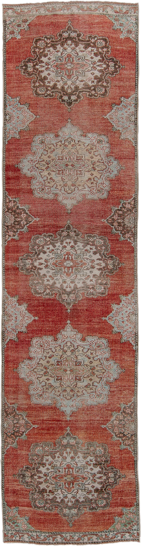 3' x 12' one-of-a-kind handmade antique Oushak runner rug. Color palette: coral, ivory, taupe, aqua, brown, rust, terracotta