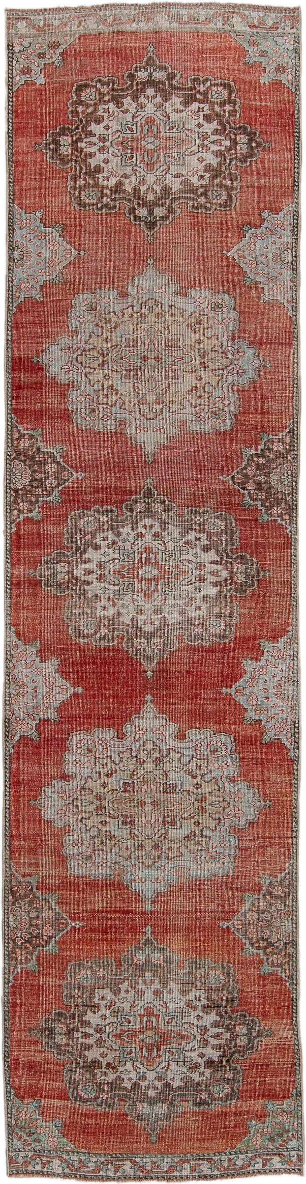 3' x 12' one-of-a-kind handmade antique Oushak runner rug. Color palette: coral, ivory, taupe, aqua, brown, rust, terracotta