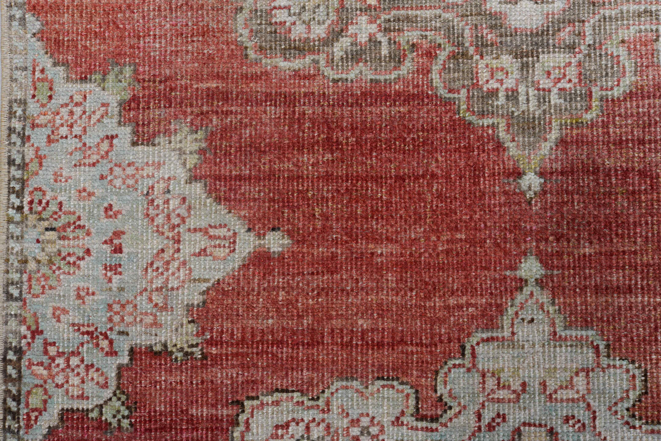 3' x 12' one-of-a-kind handmade antique Oushak runner rug. Color palette: coral, ivory, taupe, aqua, brown, rust, terracotta