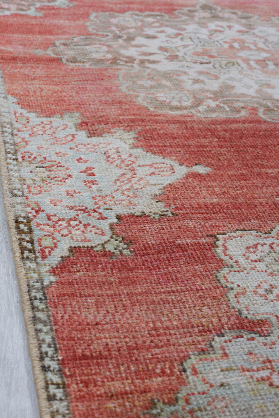 3' x 12' one-of-a-kind handmade antique Oushak runner rug. Color palette: coral, ivory, taupe, aqua, brown, rust, terracotta