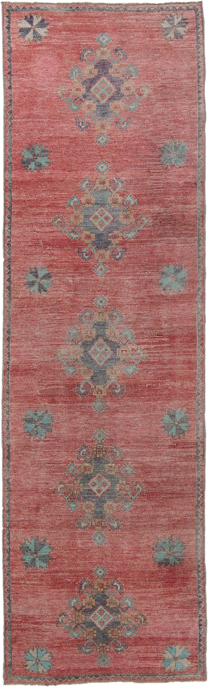 3' x 10' one-of-a-kind handmade antique Oushak runner rug. Color palette: coral, teal, slate, ivory, rose, gold, charcoal